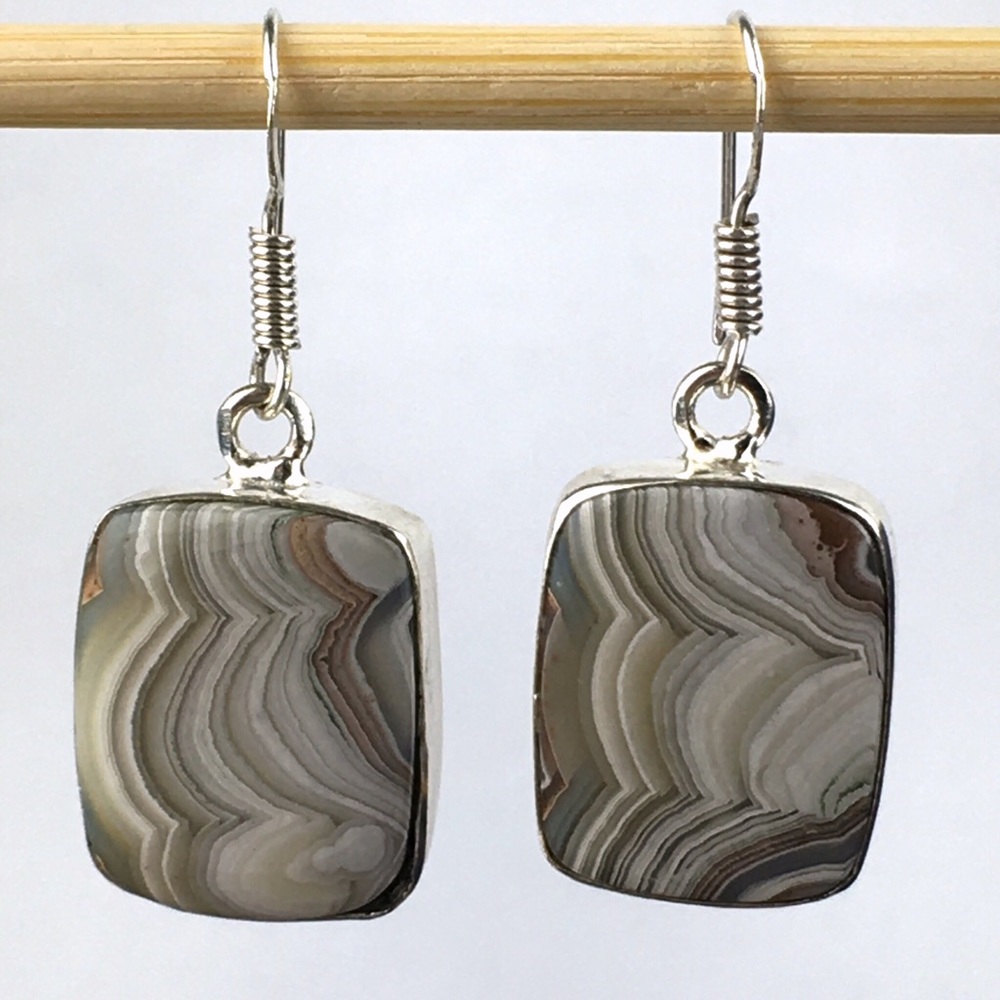 Crazy Lace Agate Stone Hook Dangle Silver Earrings